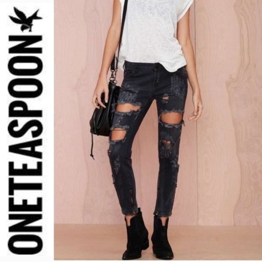 One Teaspoon Trashed Freebirds Jeans Fox Black Ripped Low Rise Distressed Y2K 24